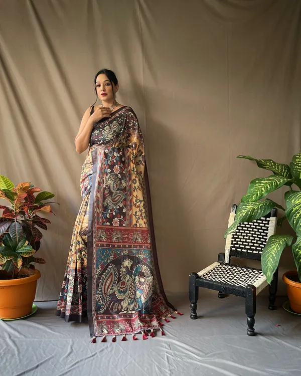 Hazelnut_Yellow_Soft_Cotton_Kalamkari_Print_Saree_With_Blouse_Piece_Attached